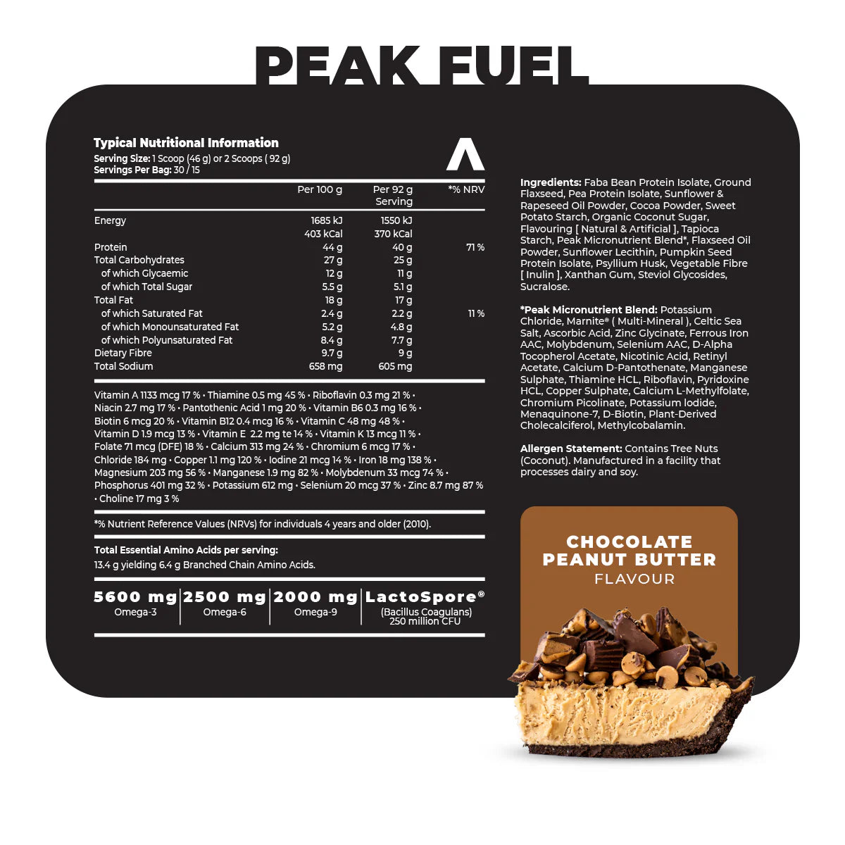 Peak Fuel protein bar with nutritional information and flavor details on a white background Muscle Mecca