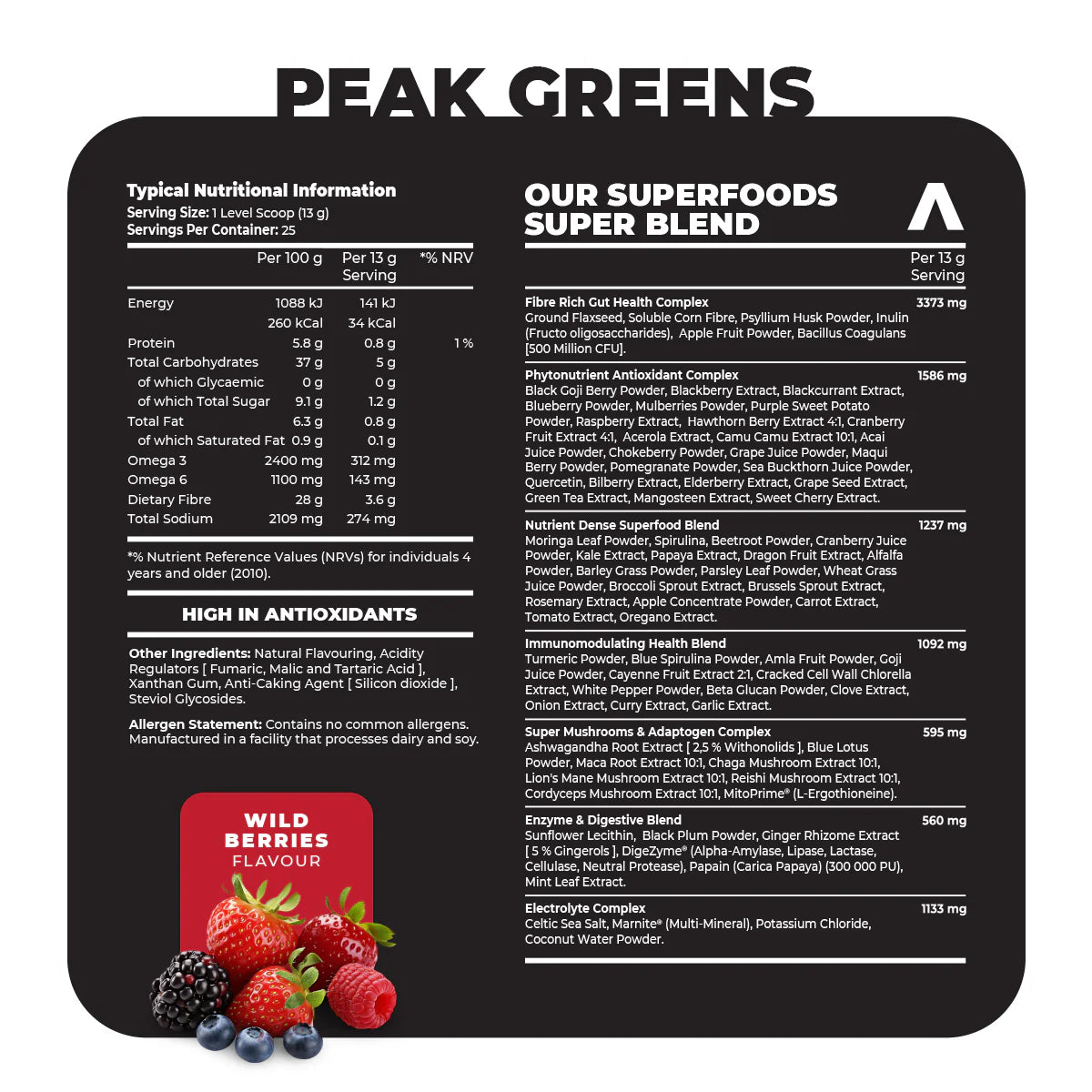 Nutritional label for Peak Greens superfood blend with wild berries flavor on a black background. Muscle Mecca