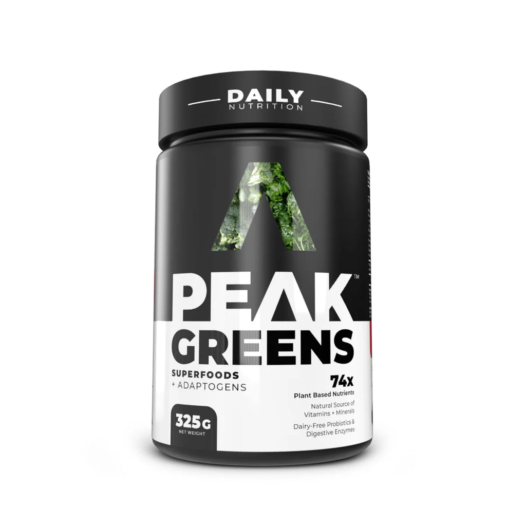 Peak Greens supplement container with branding on a white background Muscle Mecca