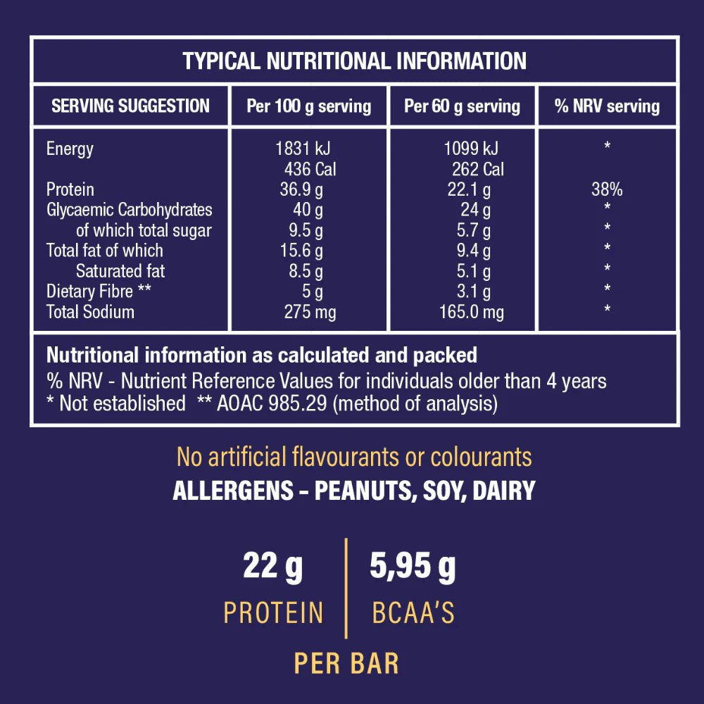 Nutritional information label for a protein bar on a blue background Muscle Mecca