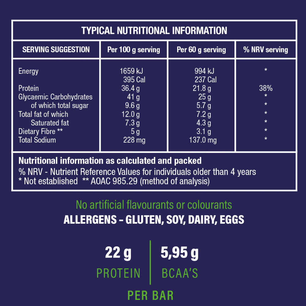Nutritional information label for a product on a blue background Muscle Mecca