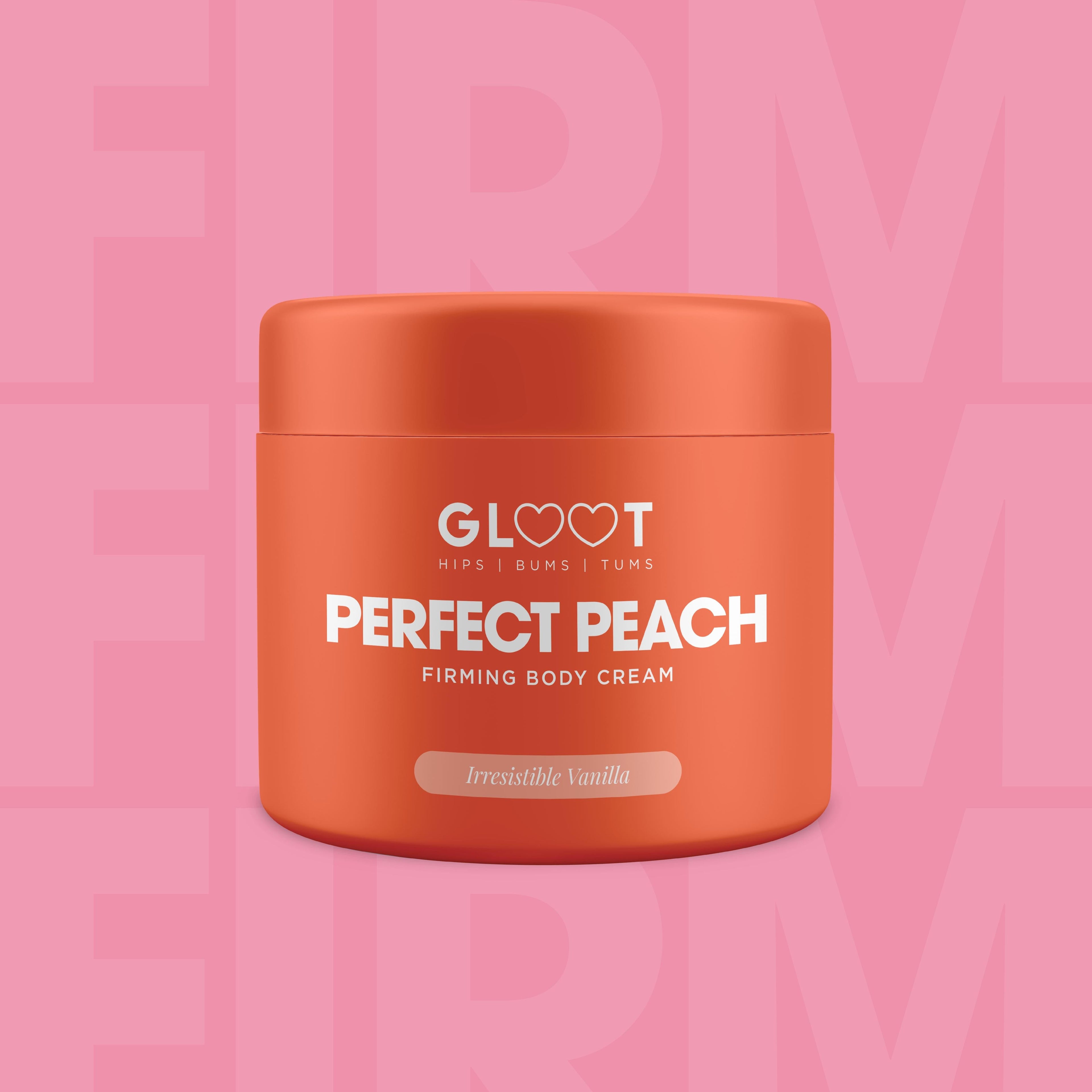 Orange jar of 'Perfect Peach' firming body cream with 'Gloot' branding on a pink background. Muscle Mecca