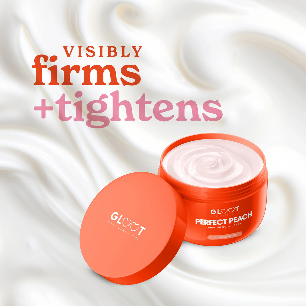 Red jar of 'Perfect Peach' cream with text 'Visibly firms + tightens' on a white background Muscle Mecca
