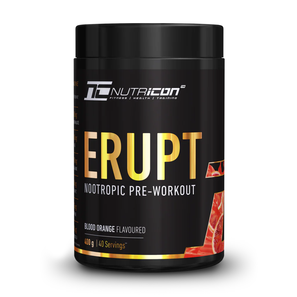 Nutricon pre-workout supplement container with 'Erupt' branding on a white background Muscle Mecca
