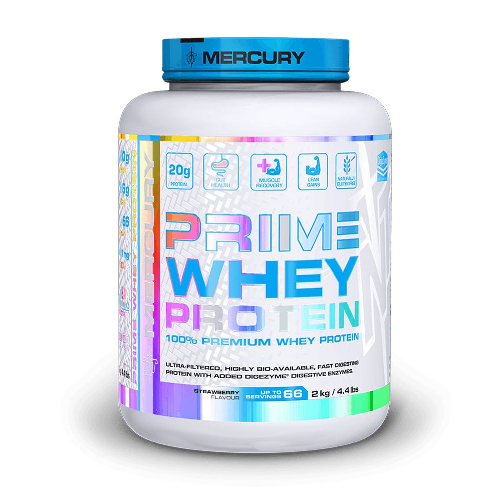 Container of Prime Whey Protein with Mercury branding on a transparent background Muscle Mecca