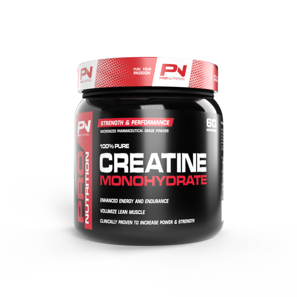 Black container of creatine monohydrate powder with red and white label on a white background Muscle Mecca