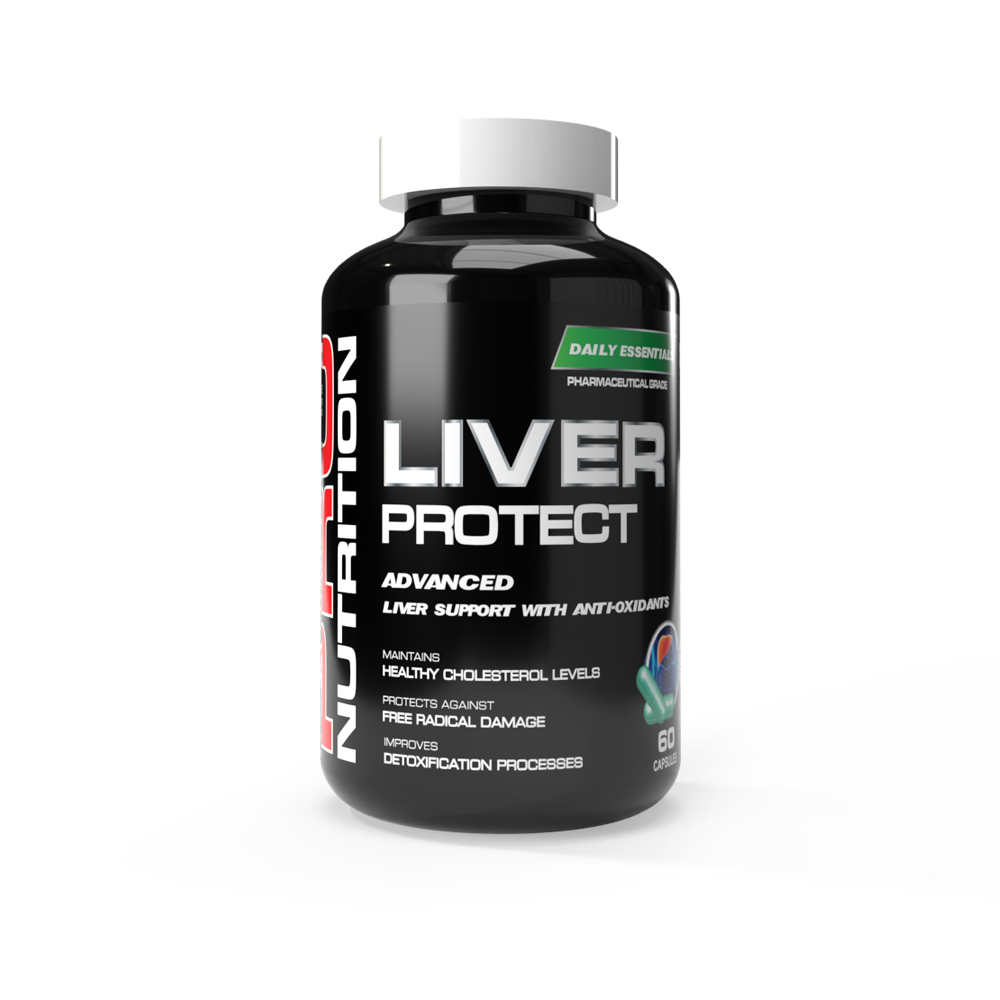 Black supplement bottle labeled 'Liver Protect' on a white background Muscle Mecca