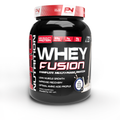 Black protein powder container with red and white label on a white background Pro Nutrition Whey Fusion Muscle Mecca