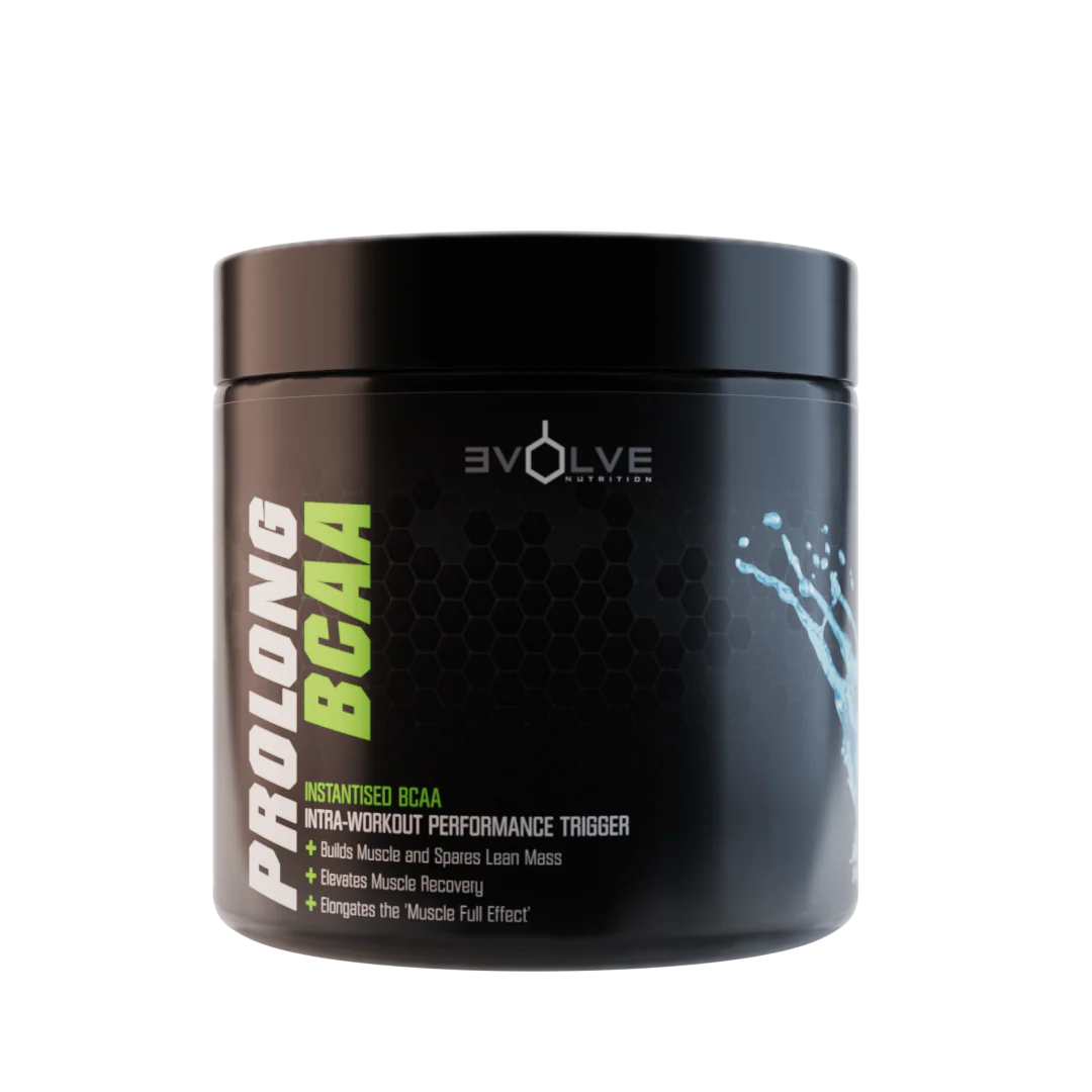 Black container of Evolve Nutrition Prolong BCAA supplement on a white background Muscle Mecca