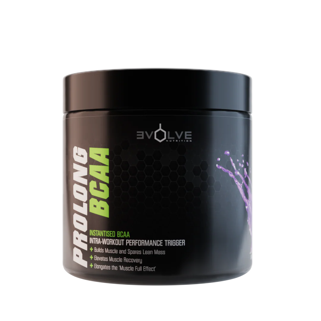 Black container of Evolve Nutrition Prolong BCAA supplement on a white background Muscle Mecca
