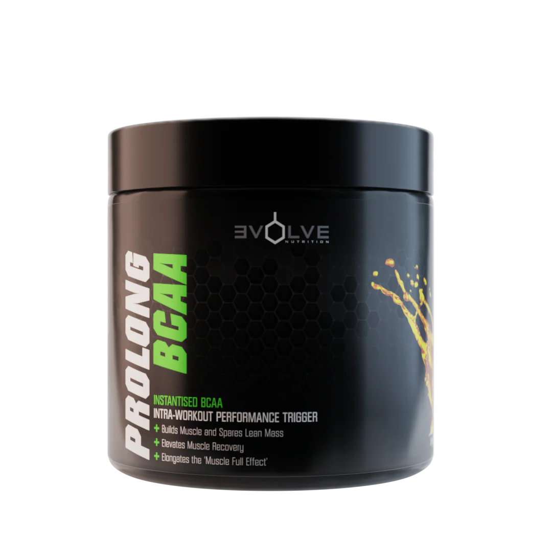 Black container of Evolve Prolong BCAA supplement on a white background Muscle Mecca