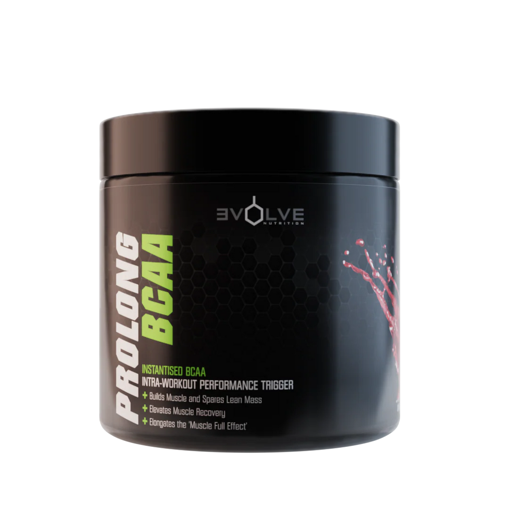 Black container of Evolve Prolong BCAA supplement on a white background