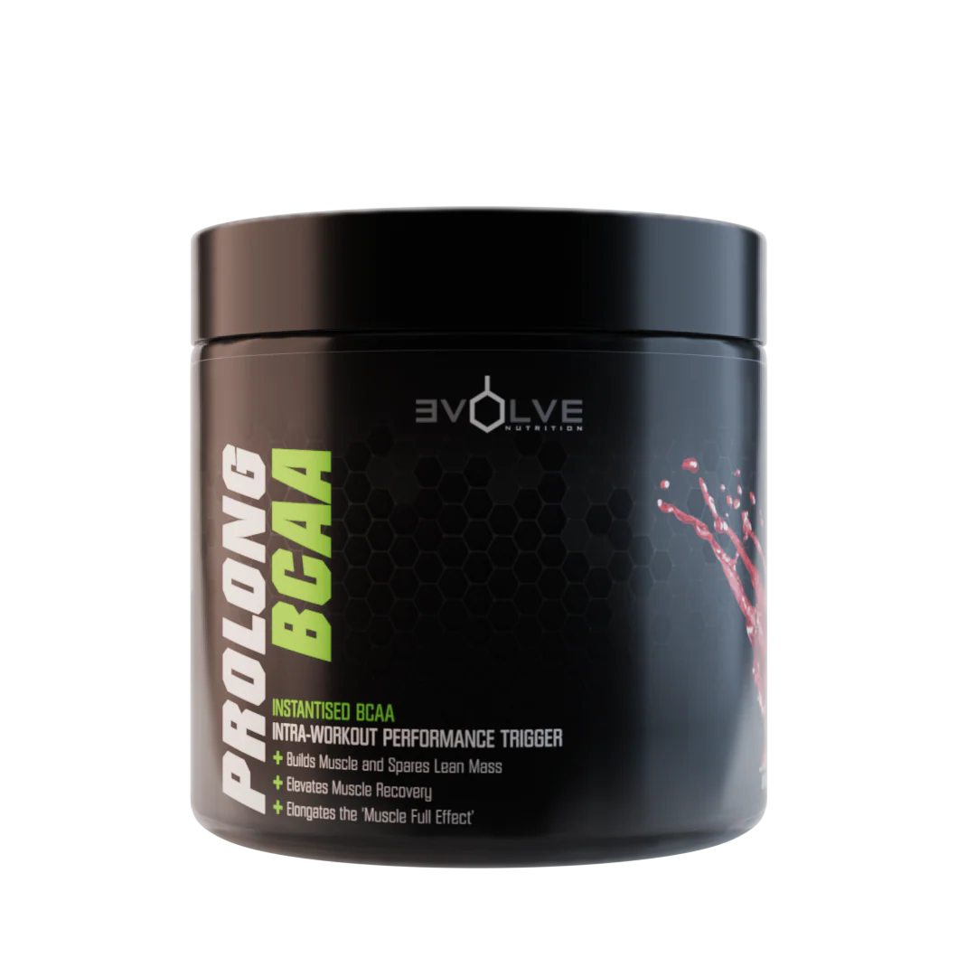 Black container of Evolve Prolong BCAA supplement on a white background