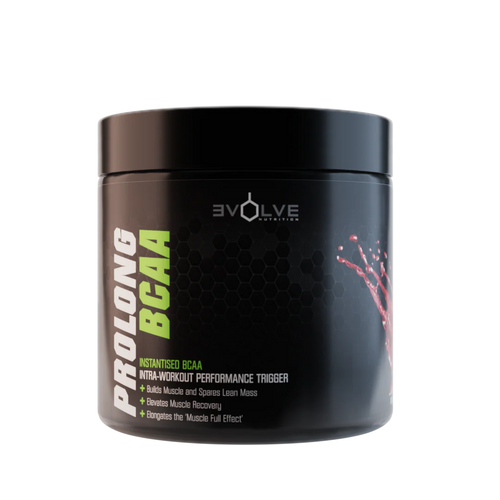 Black container of Evolve Prolong BCAA supplement on a white background