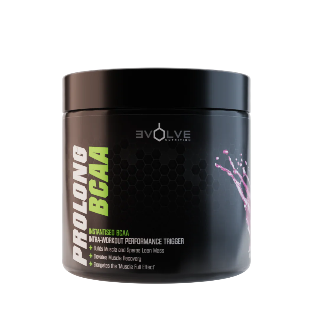 Black container of Evolve Nutrition Prolong BCAA supplement on a white background Muscle Mecca