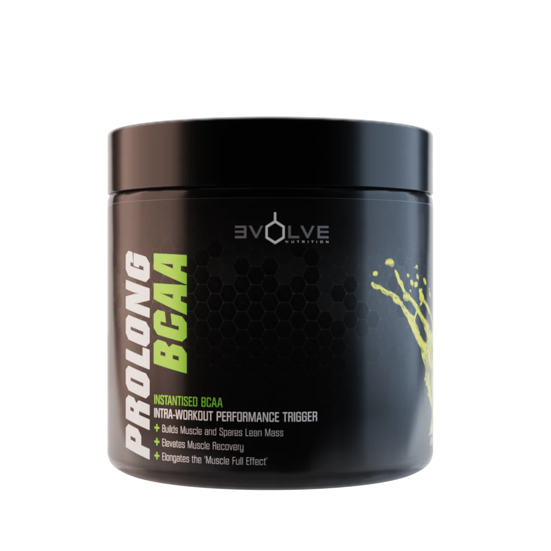 Black container of Evolve Nutrition Prolong BCAA supplement on a white background Muscle Mecca