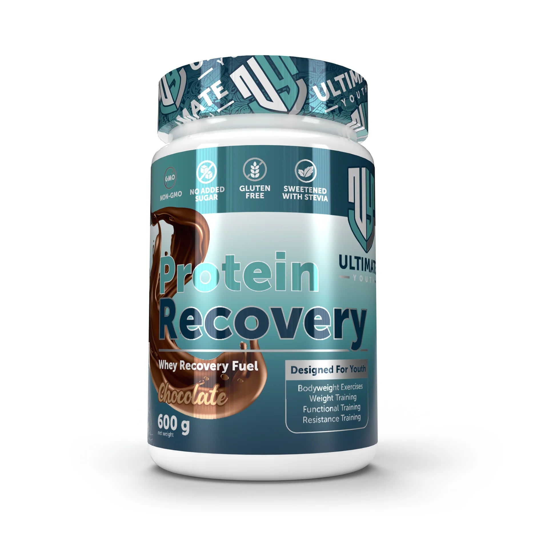 Protein recovery supplement container with blue and white label on a white background
