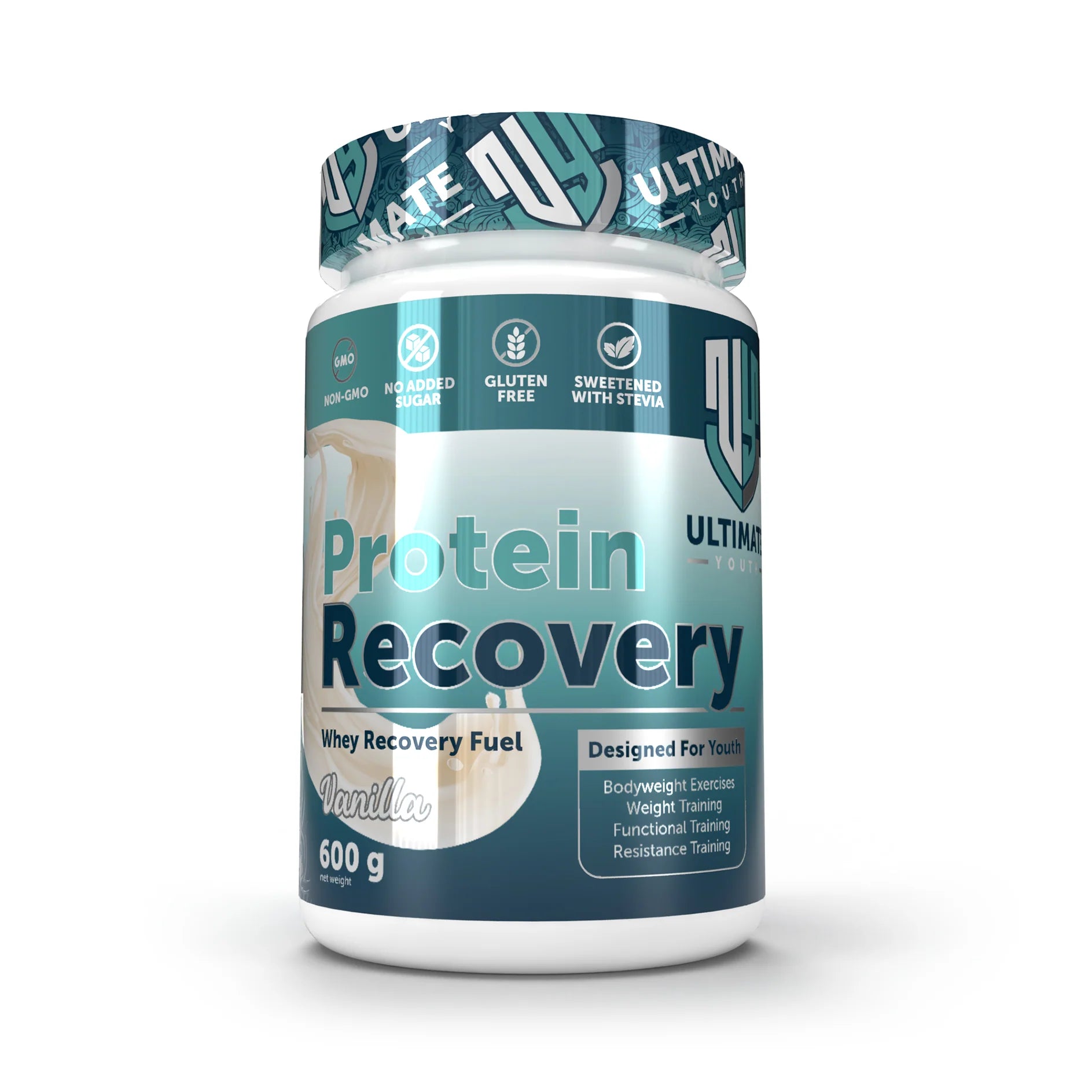 Protein recovery supplement container with blue and white label on a white background