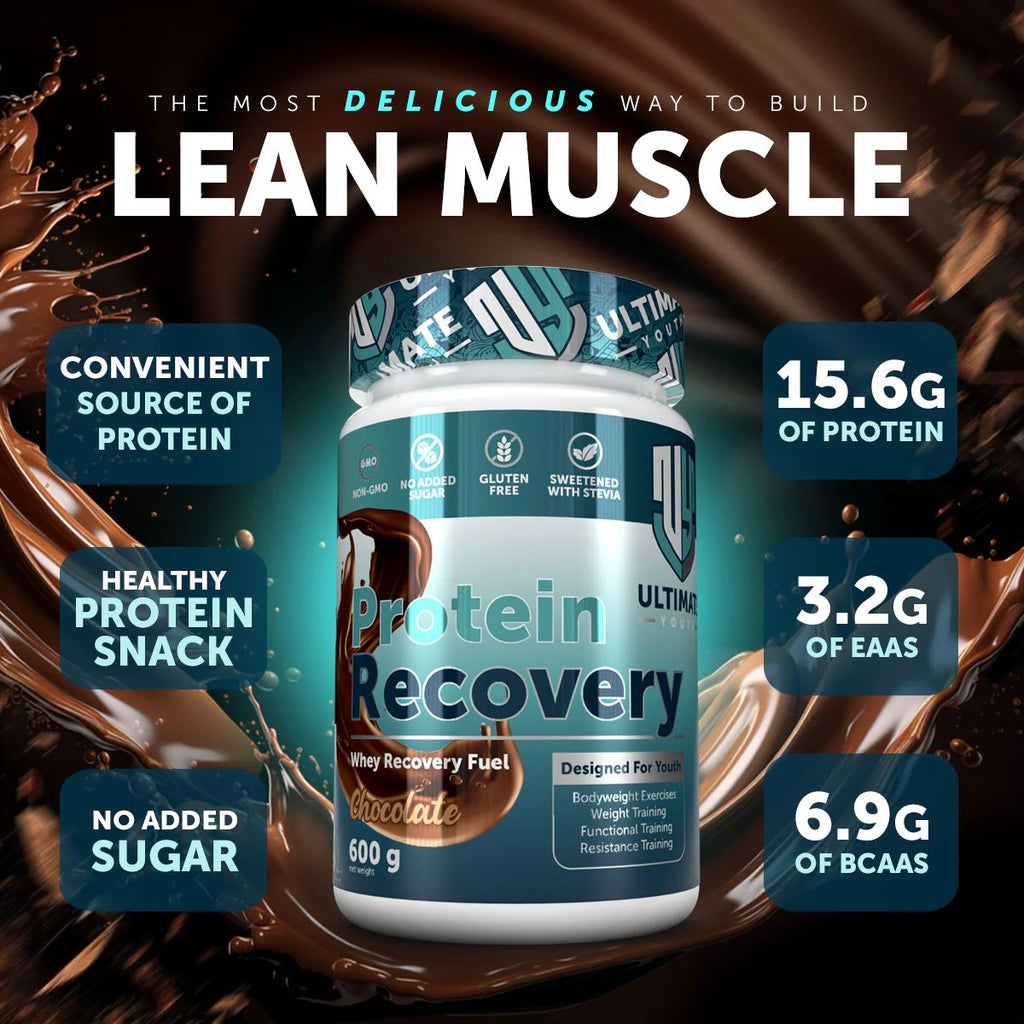 Protein recovery supplement bottle with chocolate flavor on a dark background