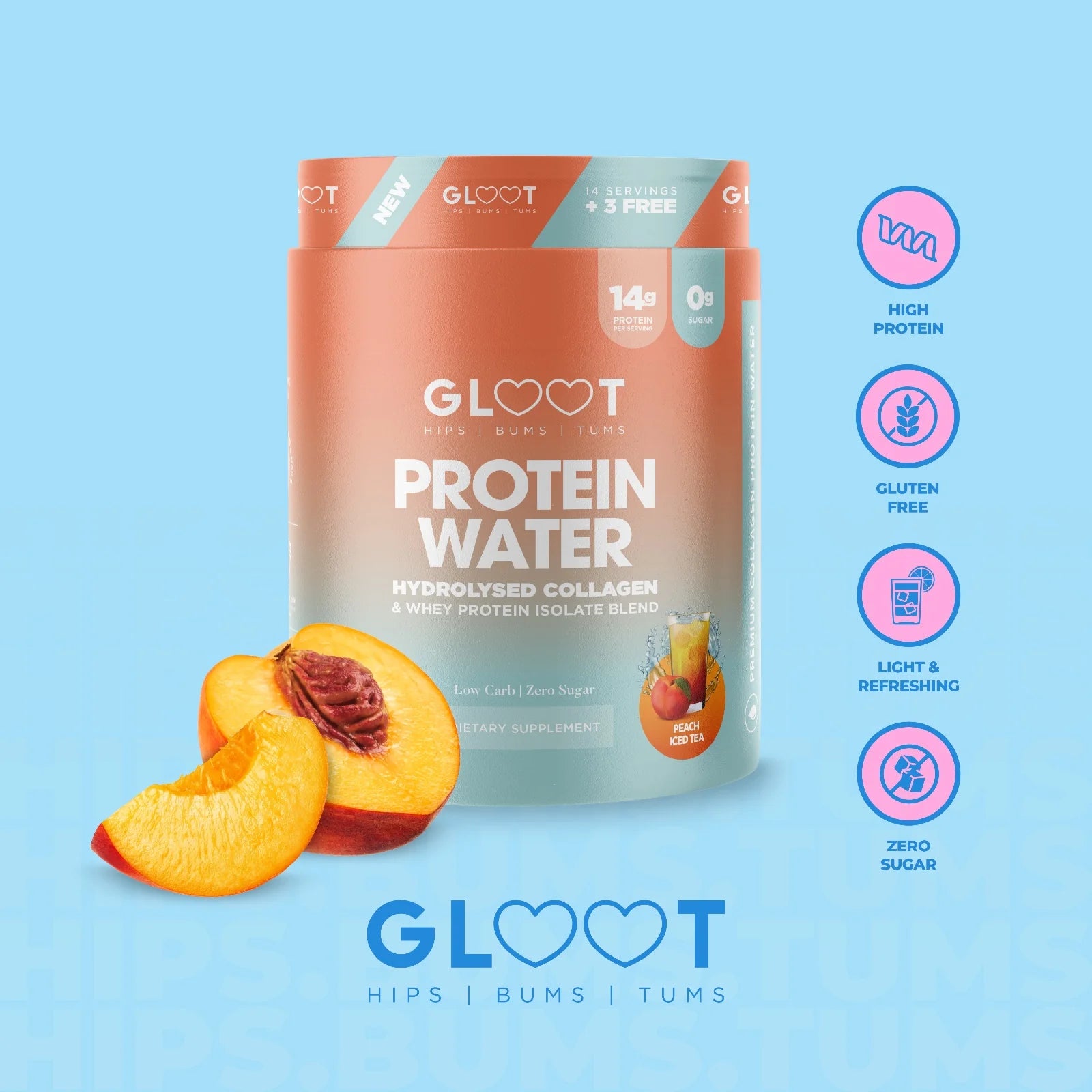 Gloot protein water packaging with peach slices on a light blue background Muscle Mecca