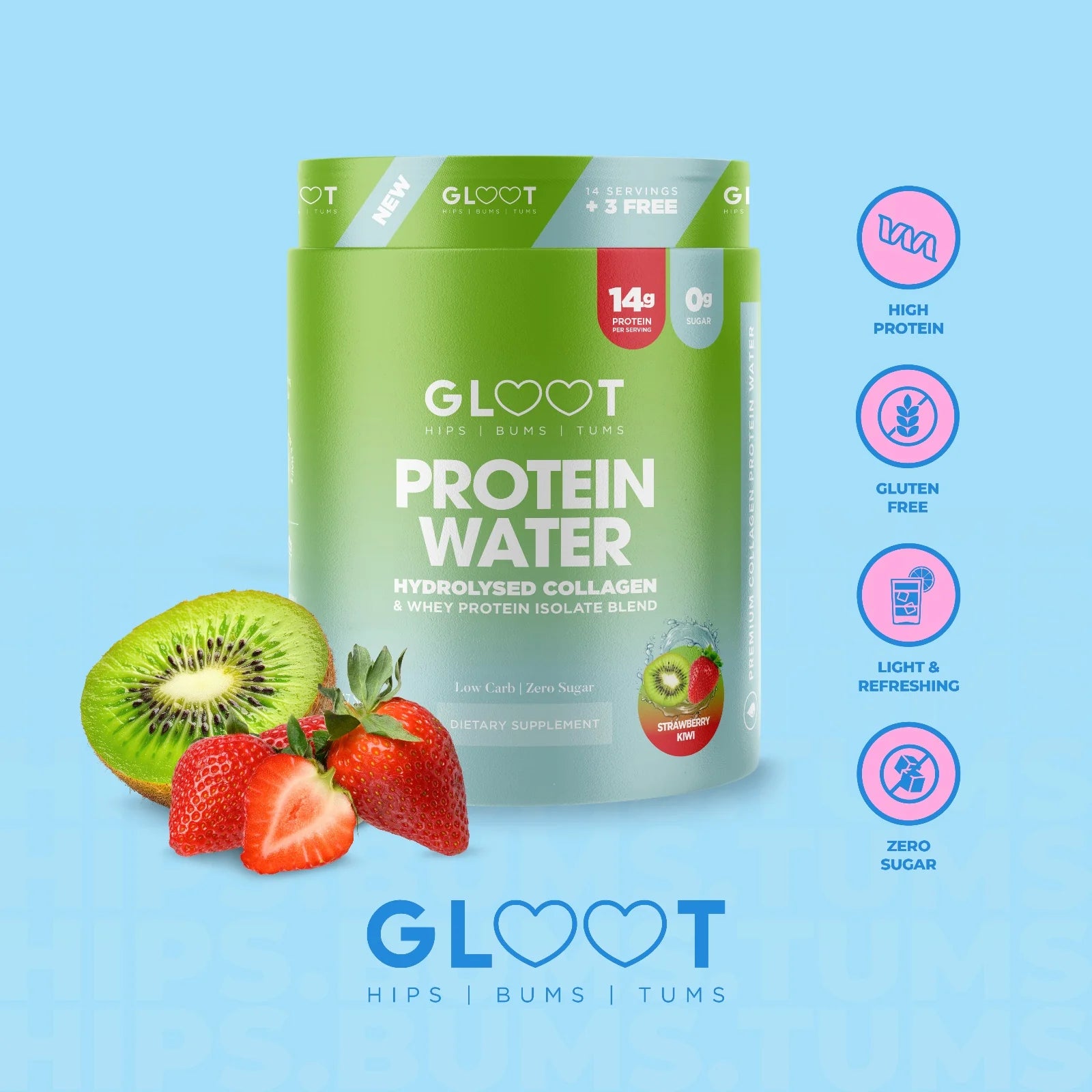Gloot protein water packaging with fruits on a blue background Muscle Mecca