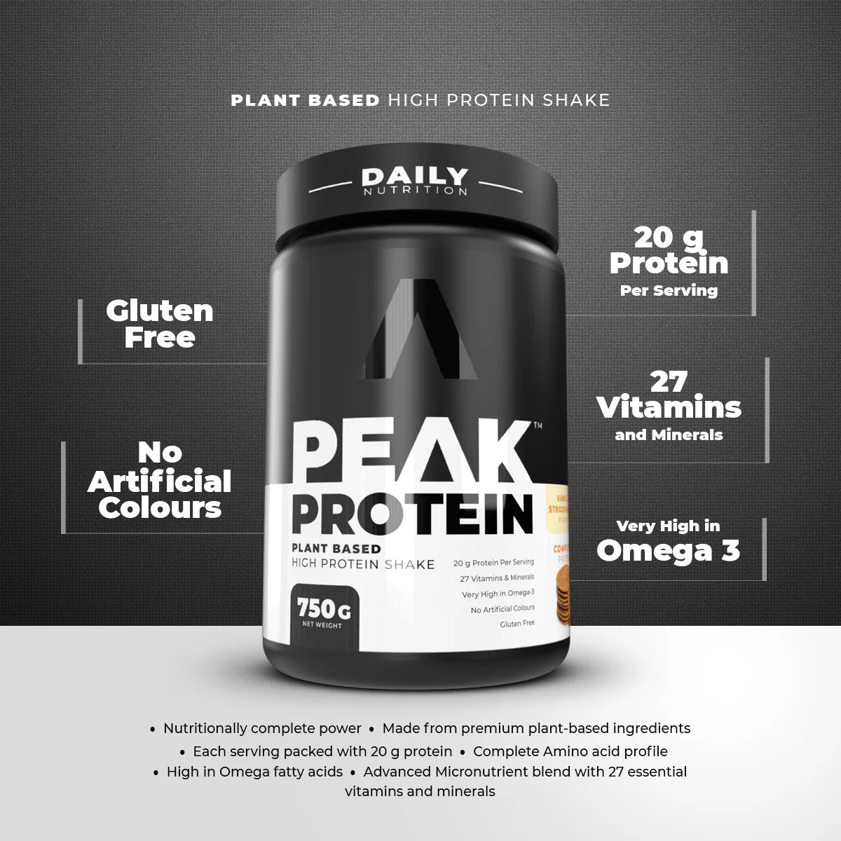 Peak Protein container with nutritional information on a dark background Muscle Mecca