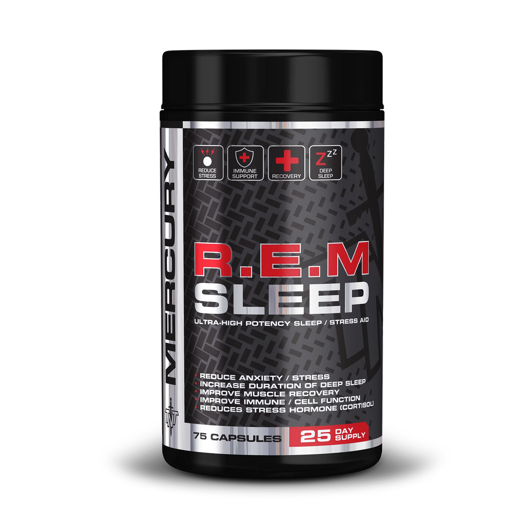 Supplement container labeled 'R.E.M Sleep' by Mercury on a white background Muscle Mecca