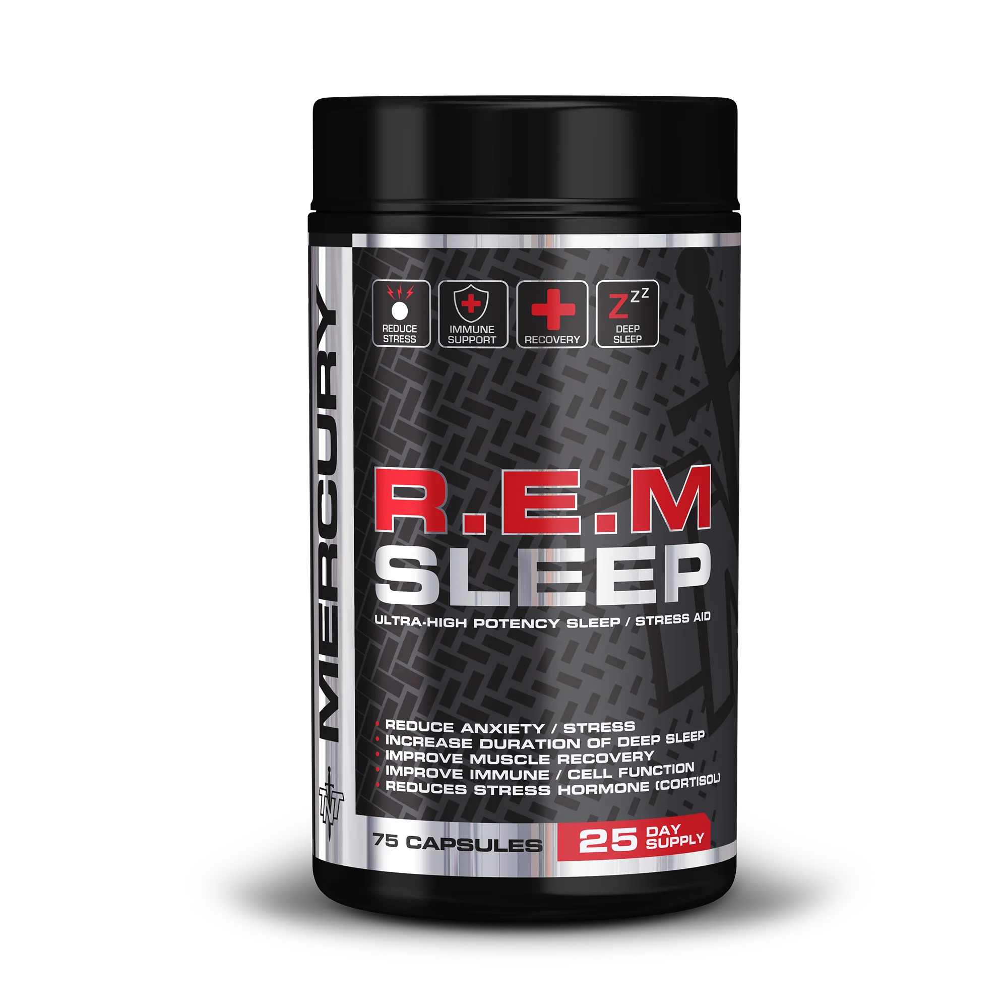 Supplement container labeled 'R.E.M Sleep' by Mercury on a white background Muscle Mecca
