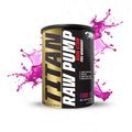 Titan Raw Pump pre-workout supplement container with pink liquid splashes on a white background Muscle Mecca