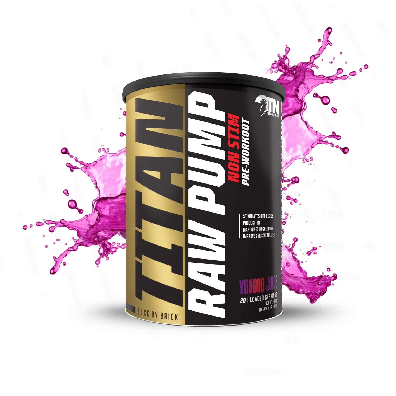 Titan Raw Pump pre-workout supplement container with pink liquid splashes on a white background Muscle Mecca