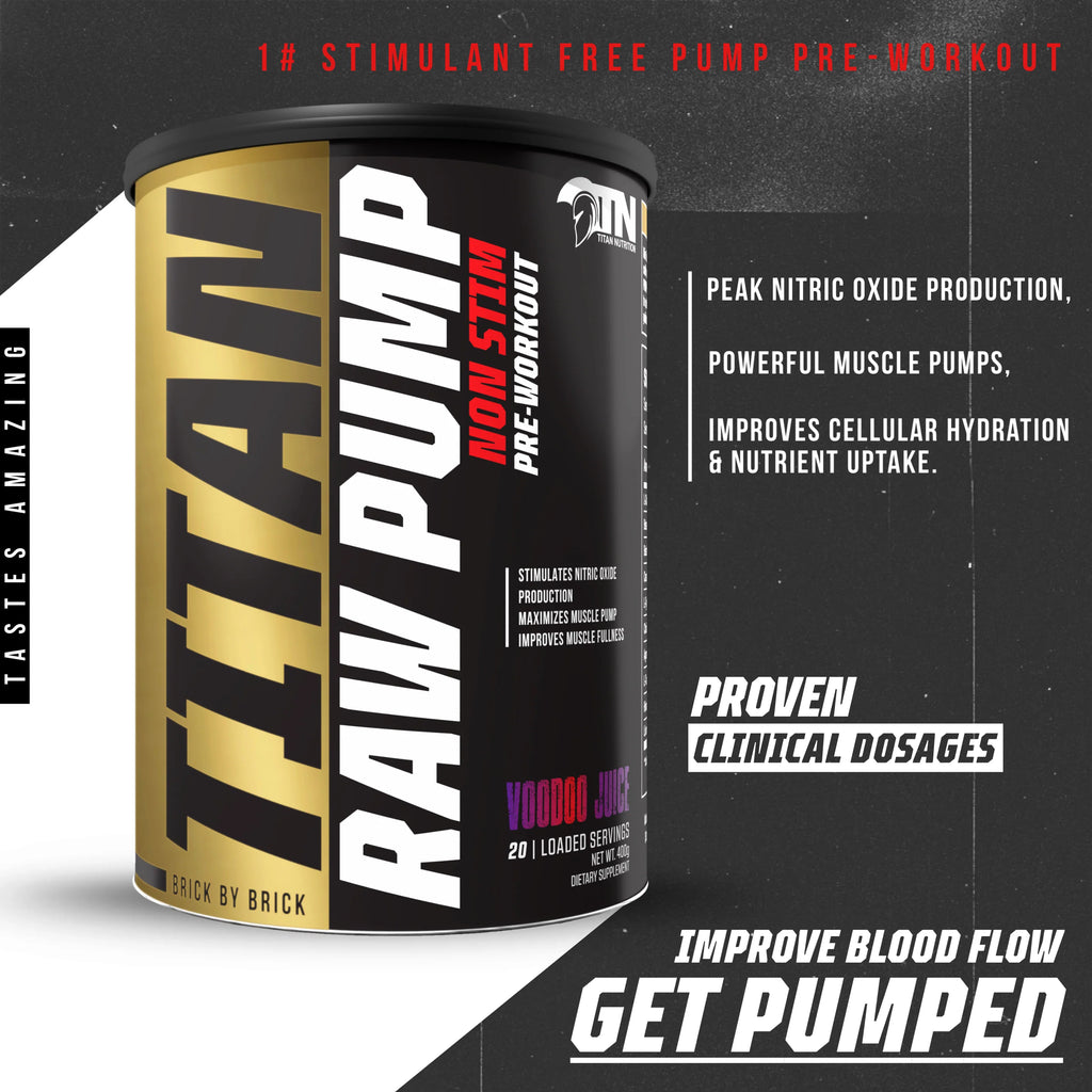 TITAN RAW PUMP pre-workout supplement container with promotional text on a black and white background Muscle Mecca