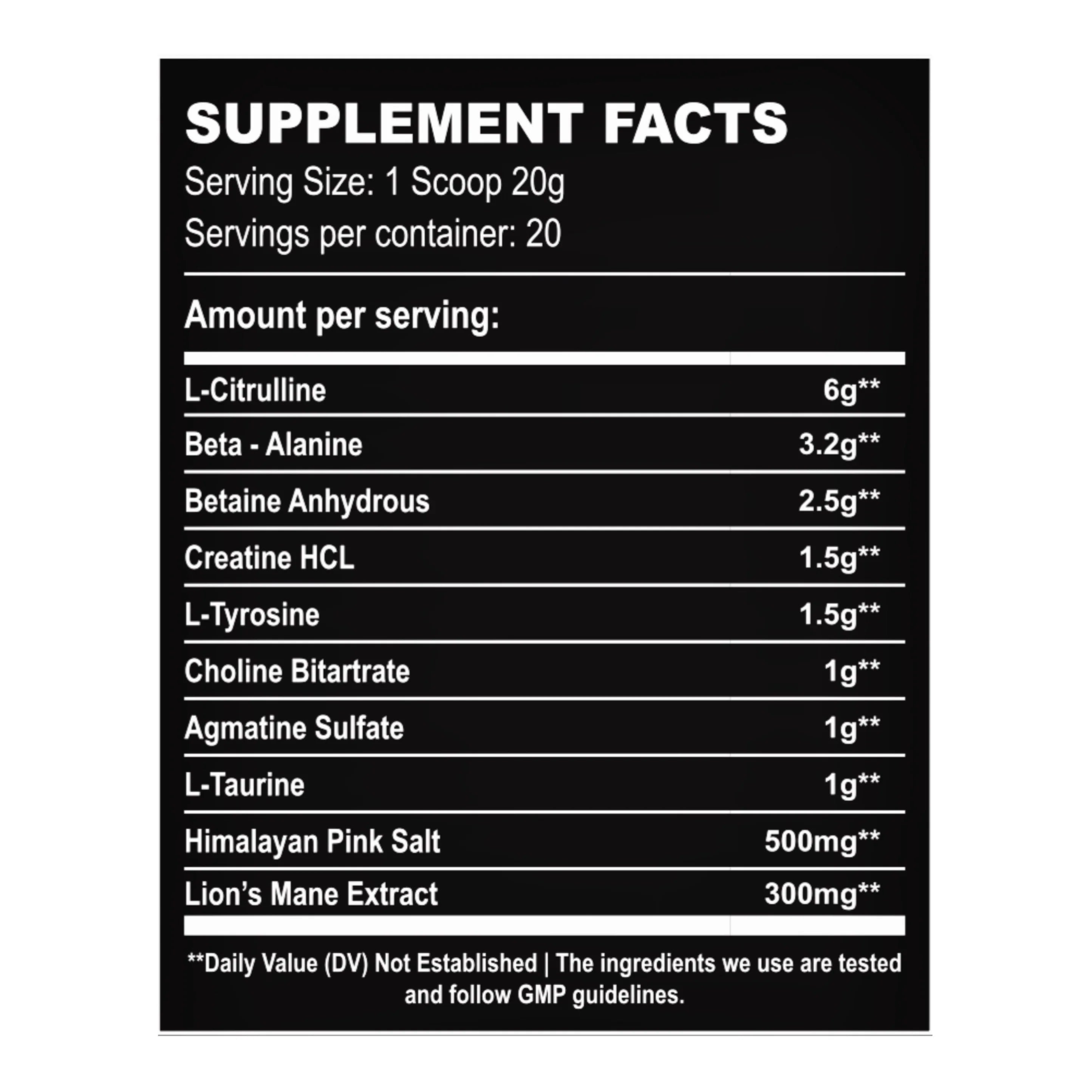 Supplement facts label with various ingredients and their amounts on a black background