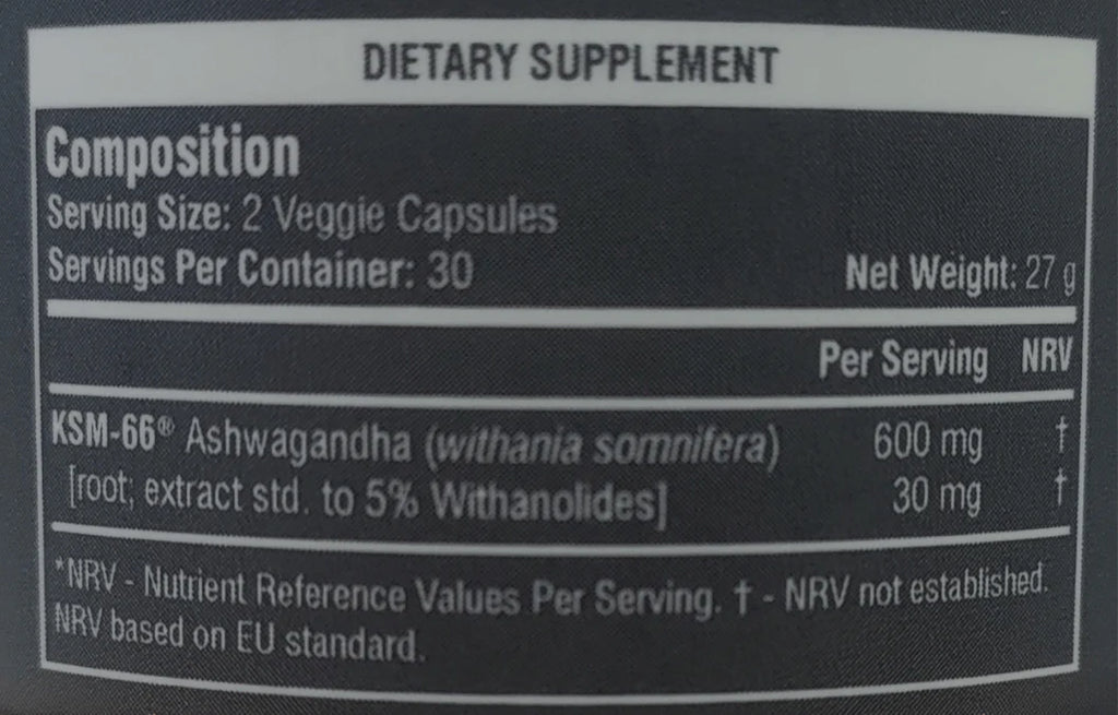 Dietary supplement label with KSM-66 Ashwagandha information on a black background