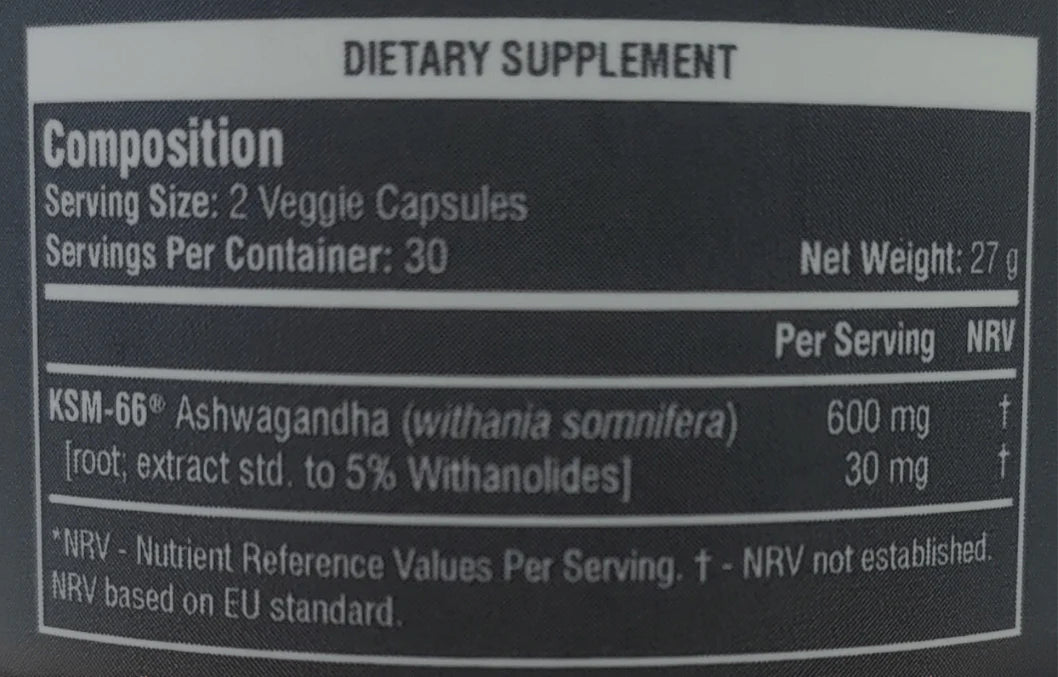 Dietary supplement label with KSM-66 Ashwagandha information on a black background