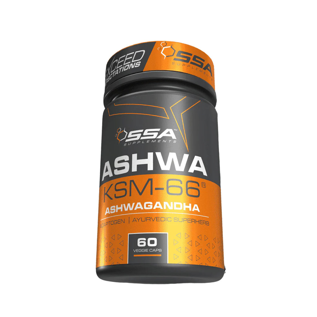 Supplement container labeled 'ASHWA KSM-66' with orange and black design on a white background Muscle Mecca