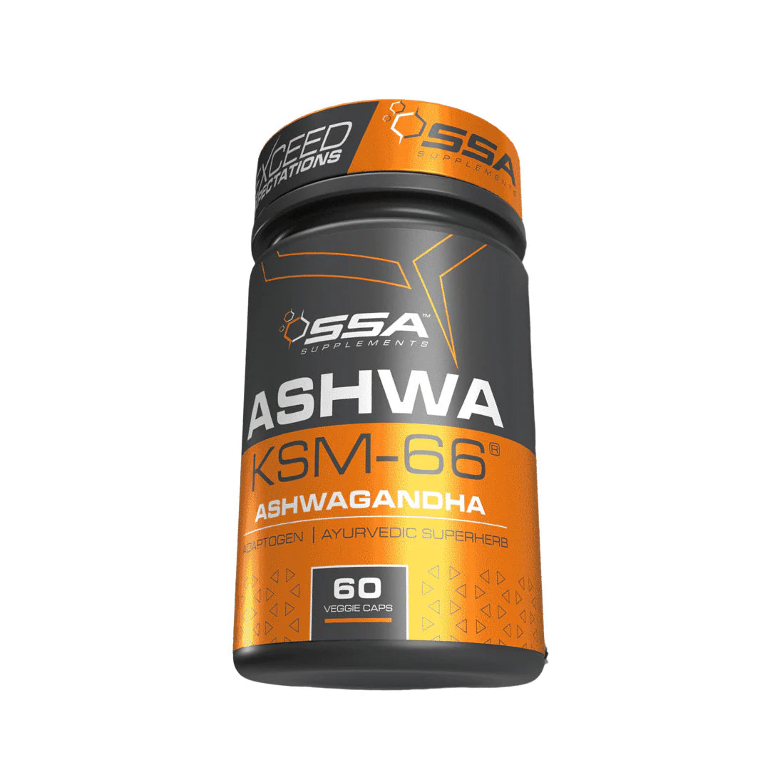 Supplement container labeled 'ASHWA KSM-66' with orange and black design on a white background Muscle Mecca