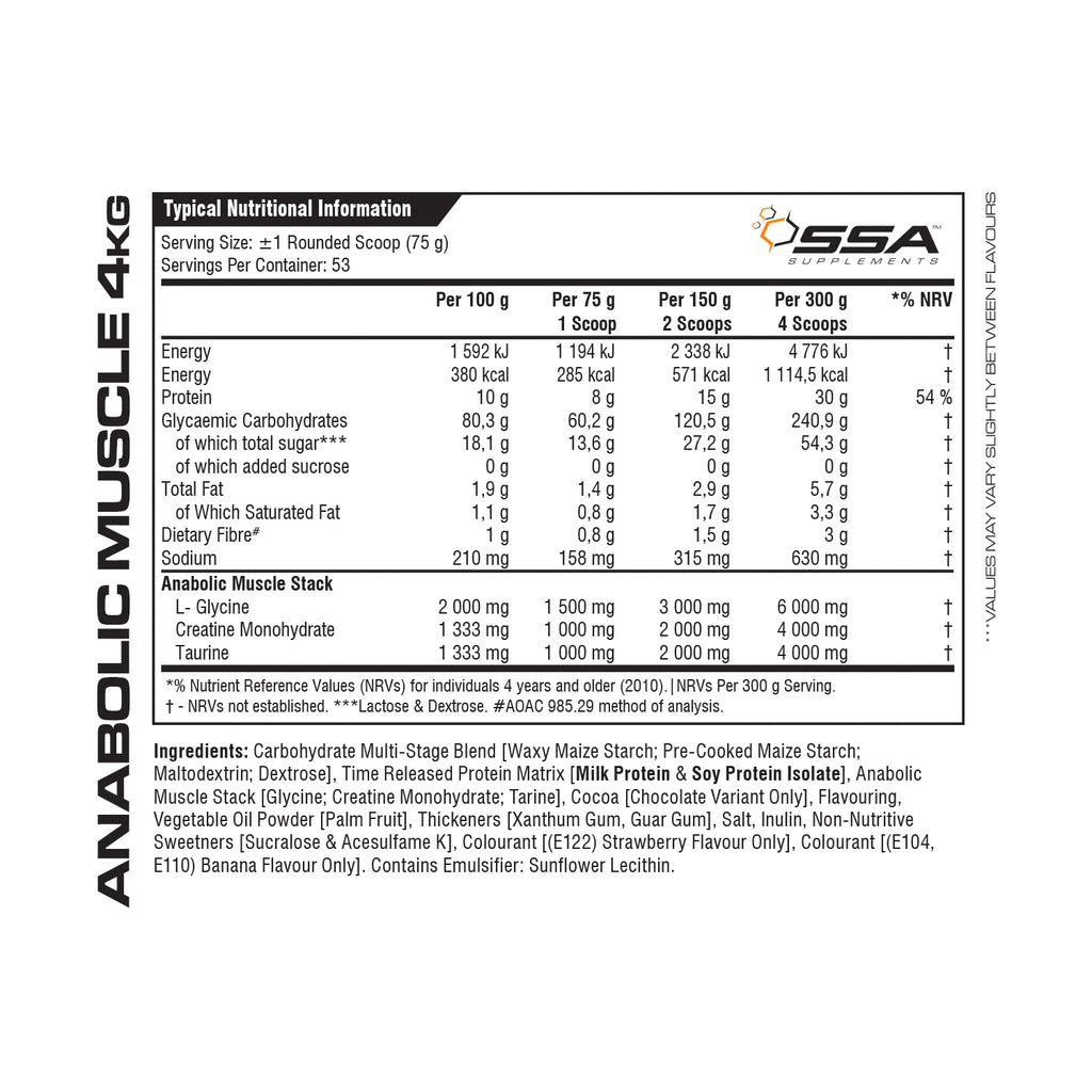 Nutritional label for a protein supplement with detailed nutritional information and ingredients list. SSA Anabolic Muscle Muscle Mecca