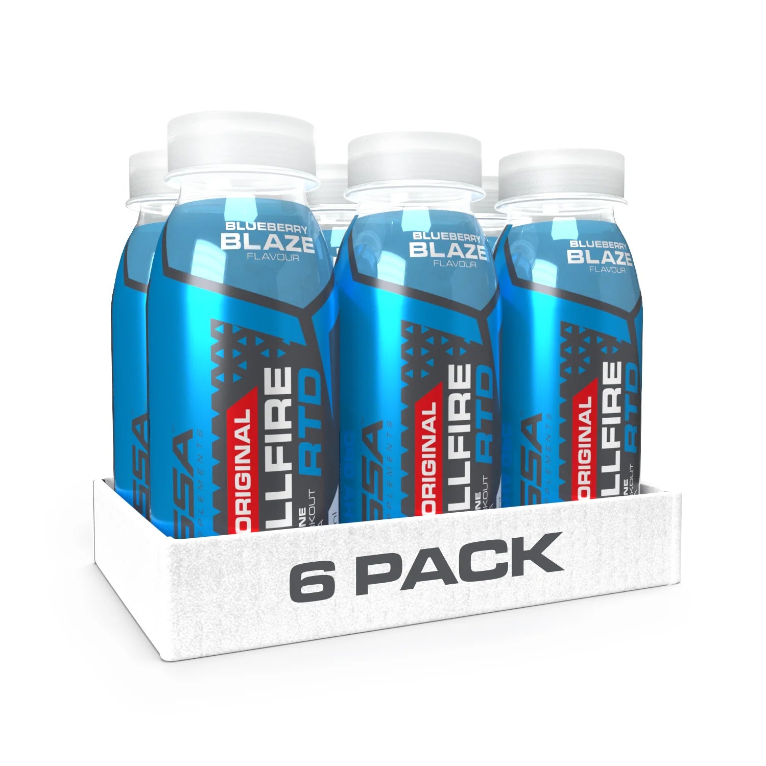 6-pack of Bluefire RTD drinks in a white display box on a white background Muscle Mecca