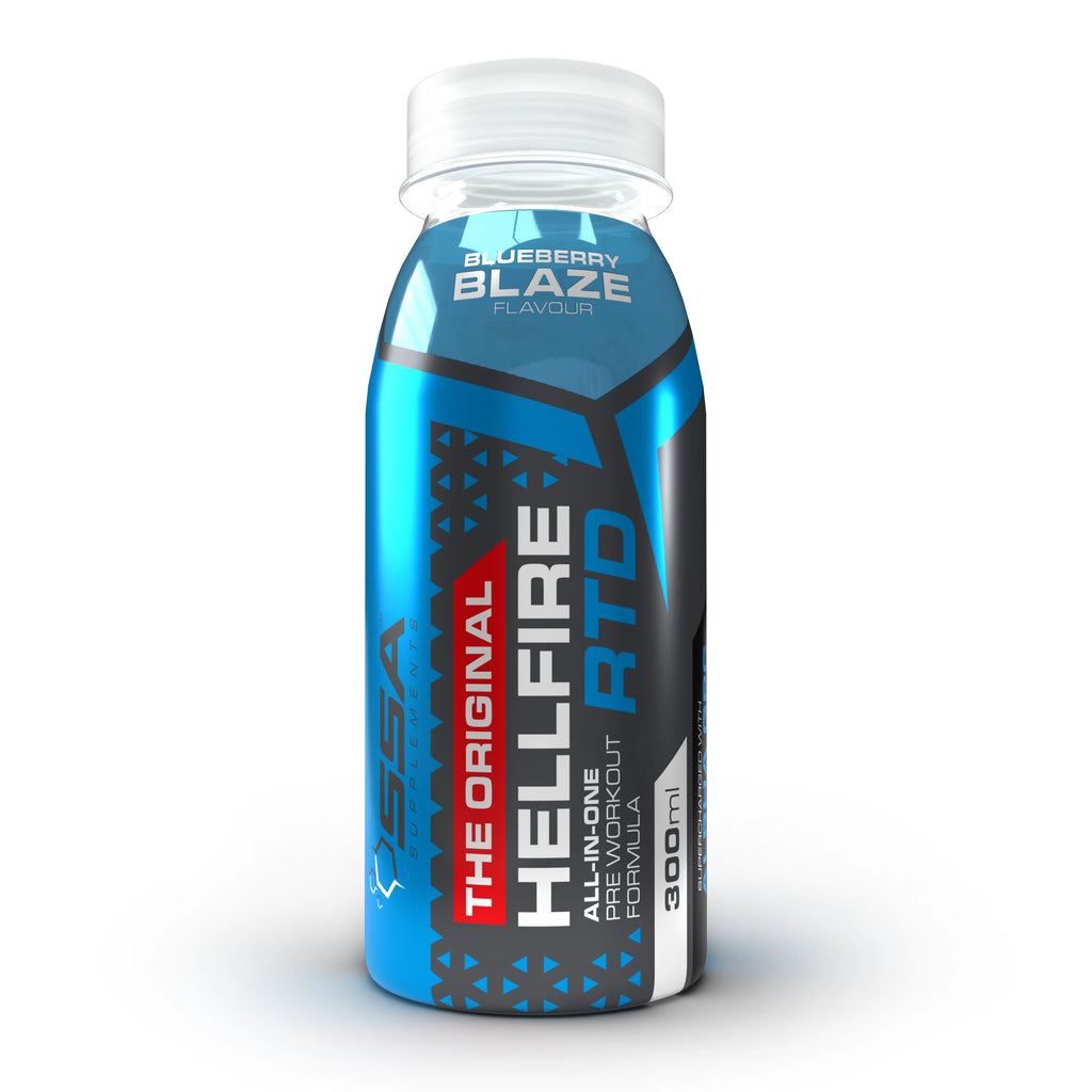 Blue bottle of Hellfire RTD supplement with white cap on a white background Muscle Mecca