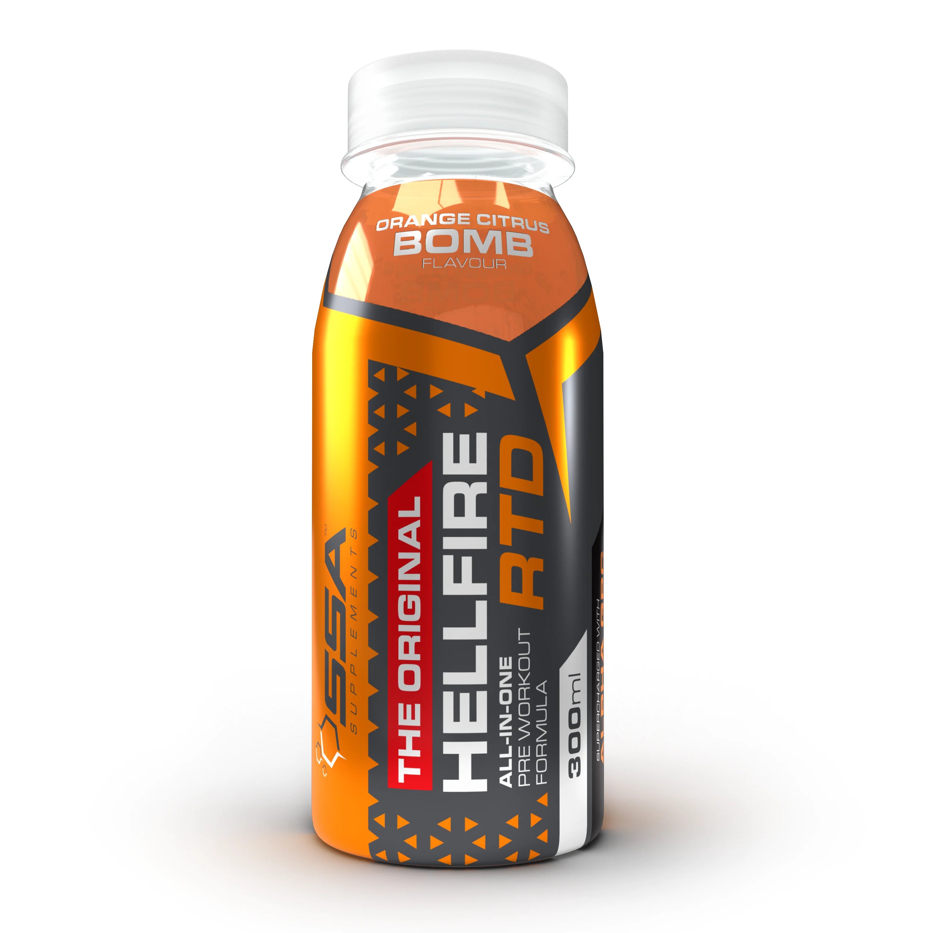 Orange and black energy drink bottle labeled 'HELLFIRE RTD' on a white background Muscle Mecca