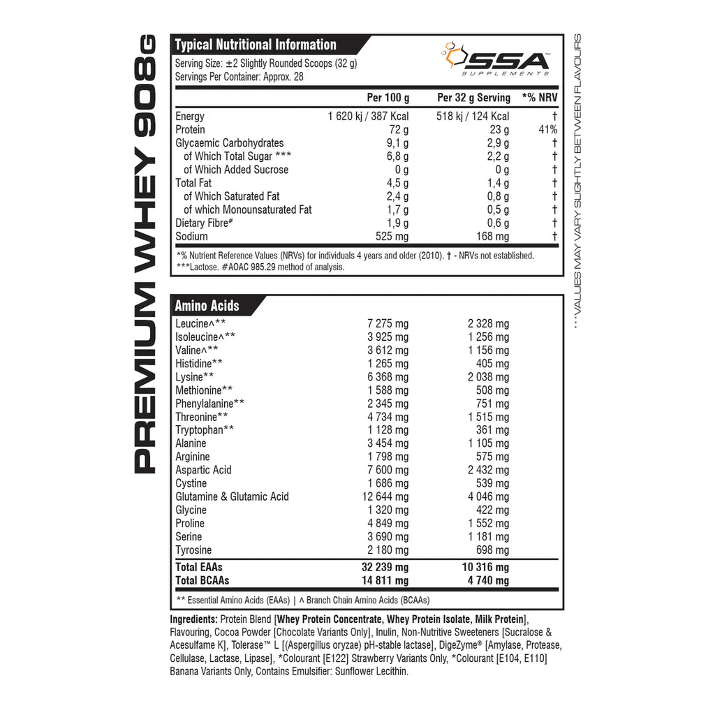 Nutritional information label for a protein supplement on a white background