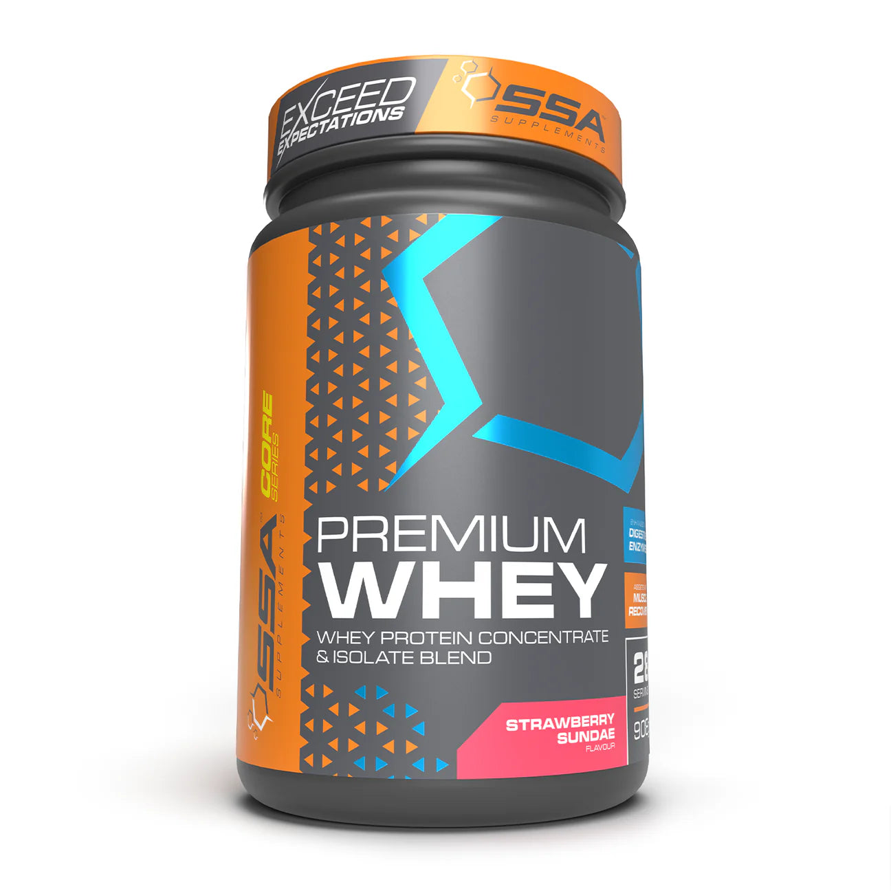 Container of Premium Whey protein powder with orange and gray design on a white background SSA Premium Whey Muscle Mecca