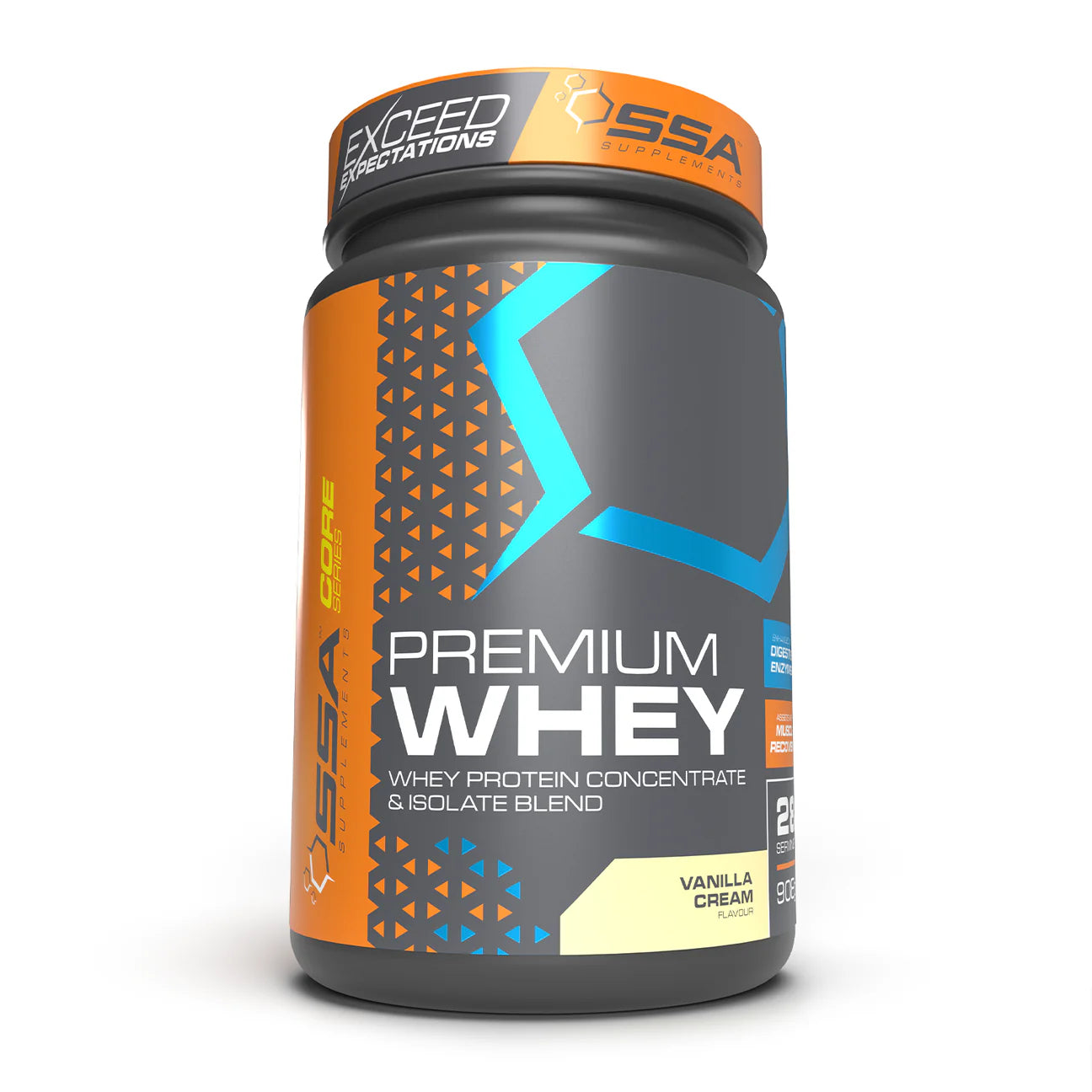 SSA Premium Whey protein powder container on a white background Muscle Mecca