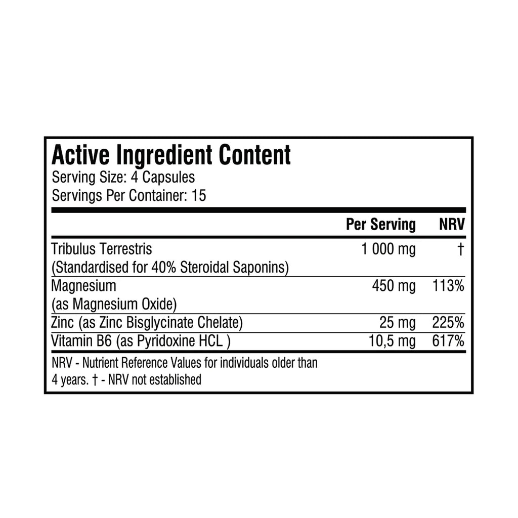 Nutritional label for a supplement with active ingredients and their amounts. Muscle Mecca