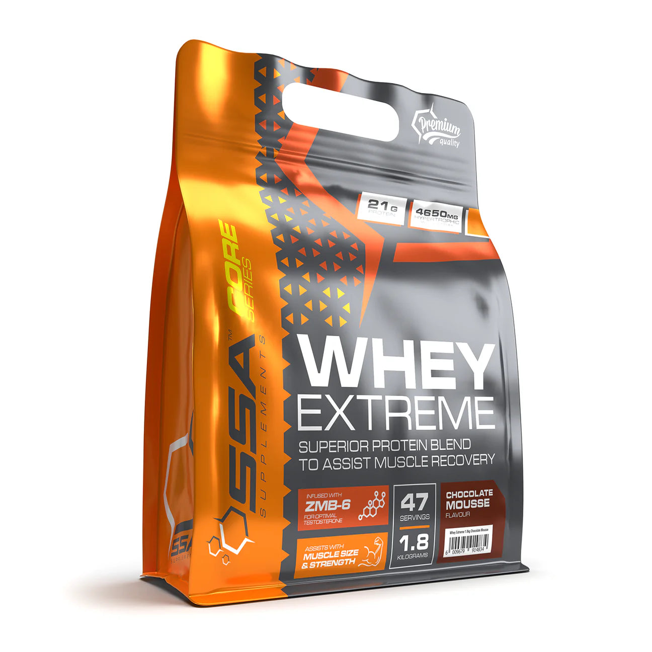 Orange and gray protein powder package with visible branding on a white background Muscle Mecca