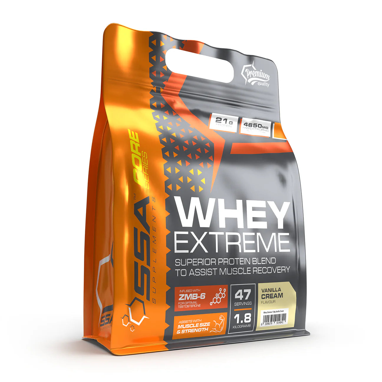Orange and gray package of SSA Sports Whey Extreme protein powder on a white background Muscle Mecca