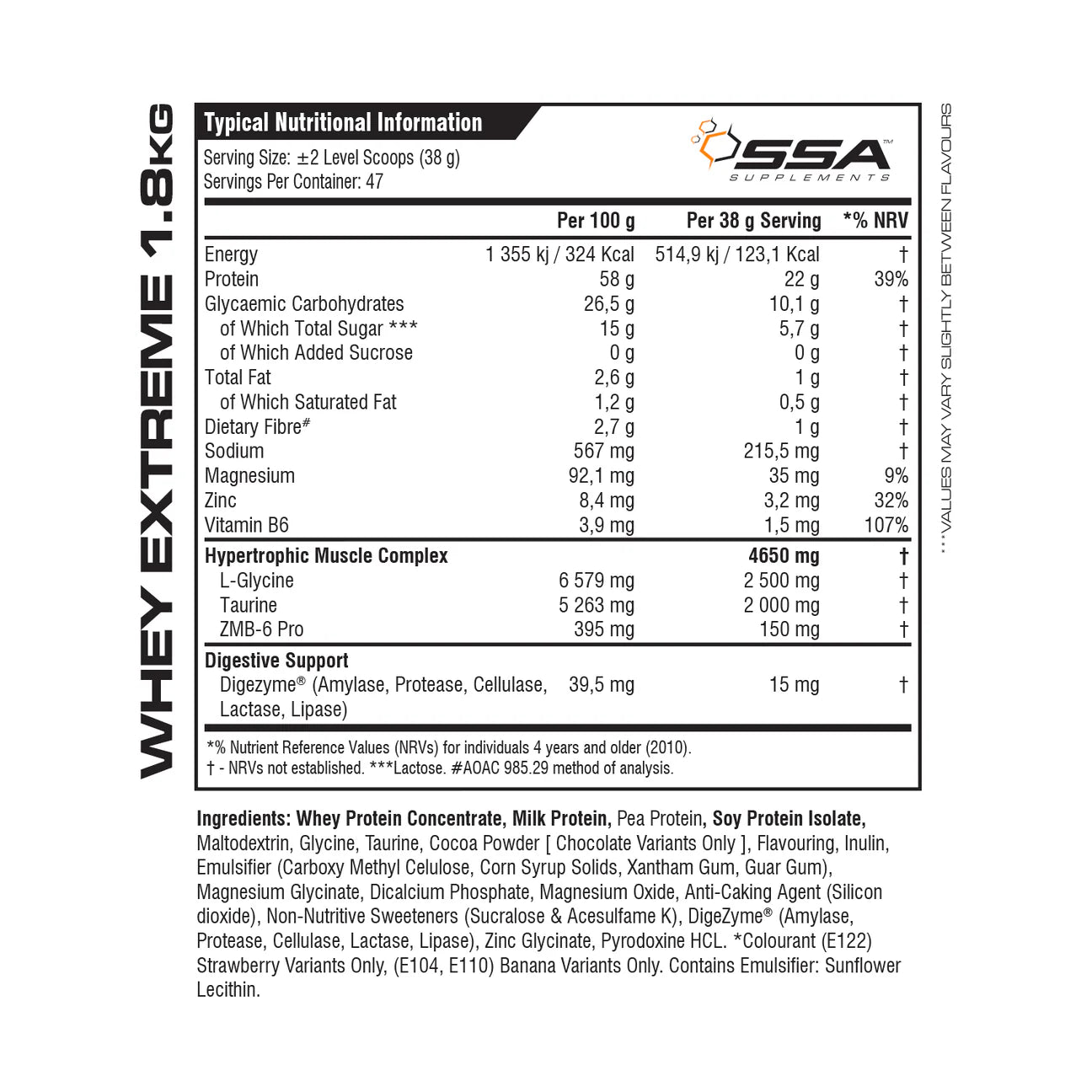 Nutritional information label for SSA Whey Extreme protein powder on a white background Muscle Mecca