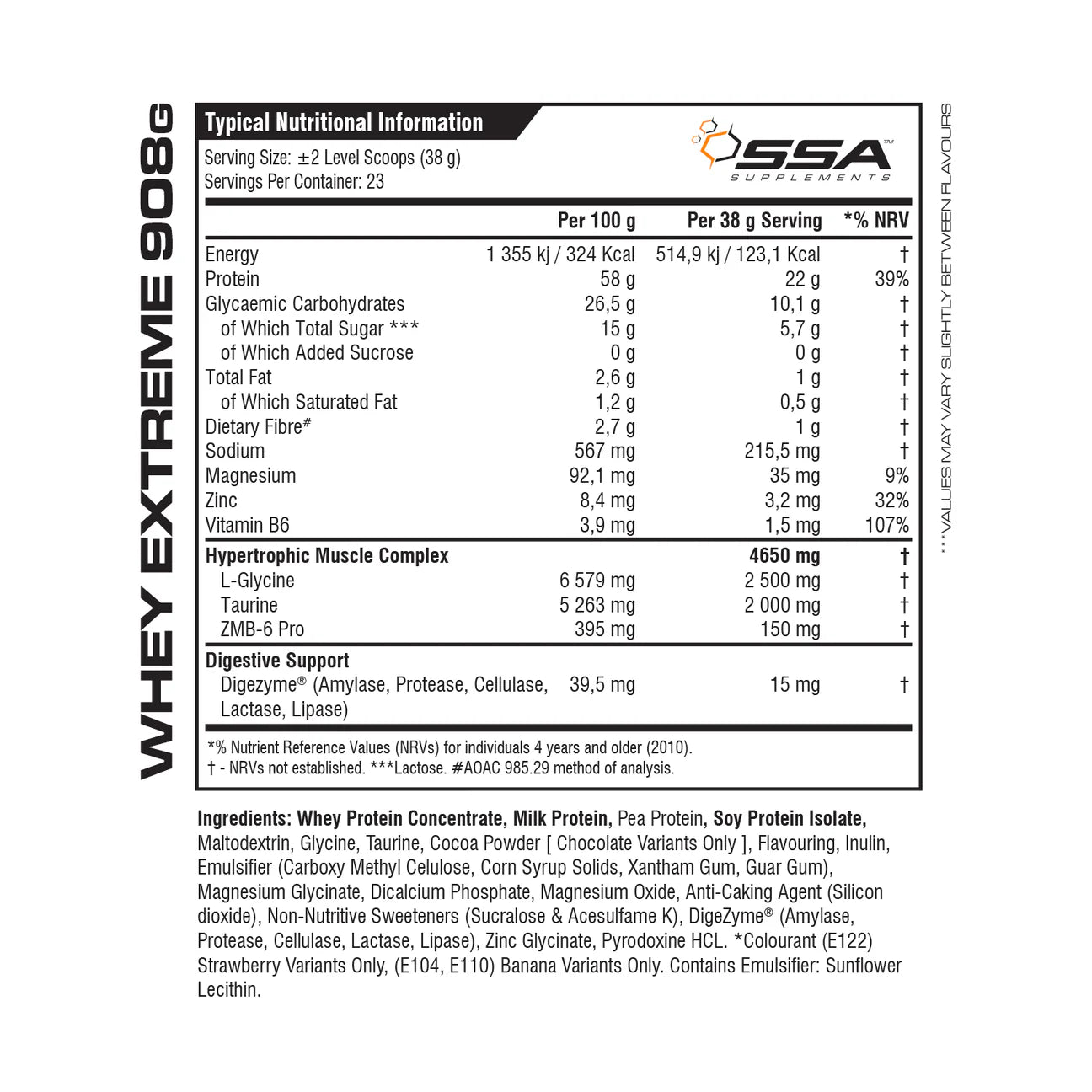 Nutritional information label for a protein supplement with SSA Sports logo. Muscle Mecca