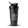 Black shaker bottle with TNT Mercury logo on a transparent background Muscle Mecca