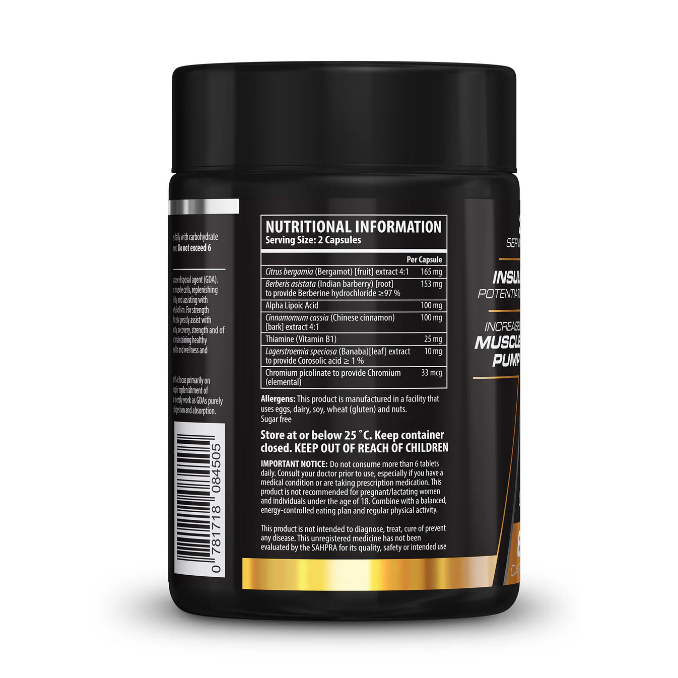 Black supplement container with nutritional information label on a white background Muscle Mecca